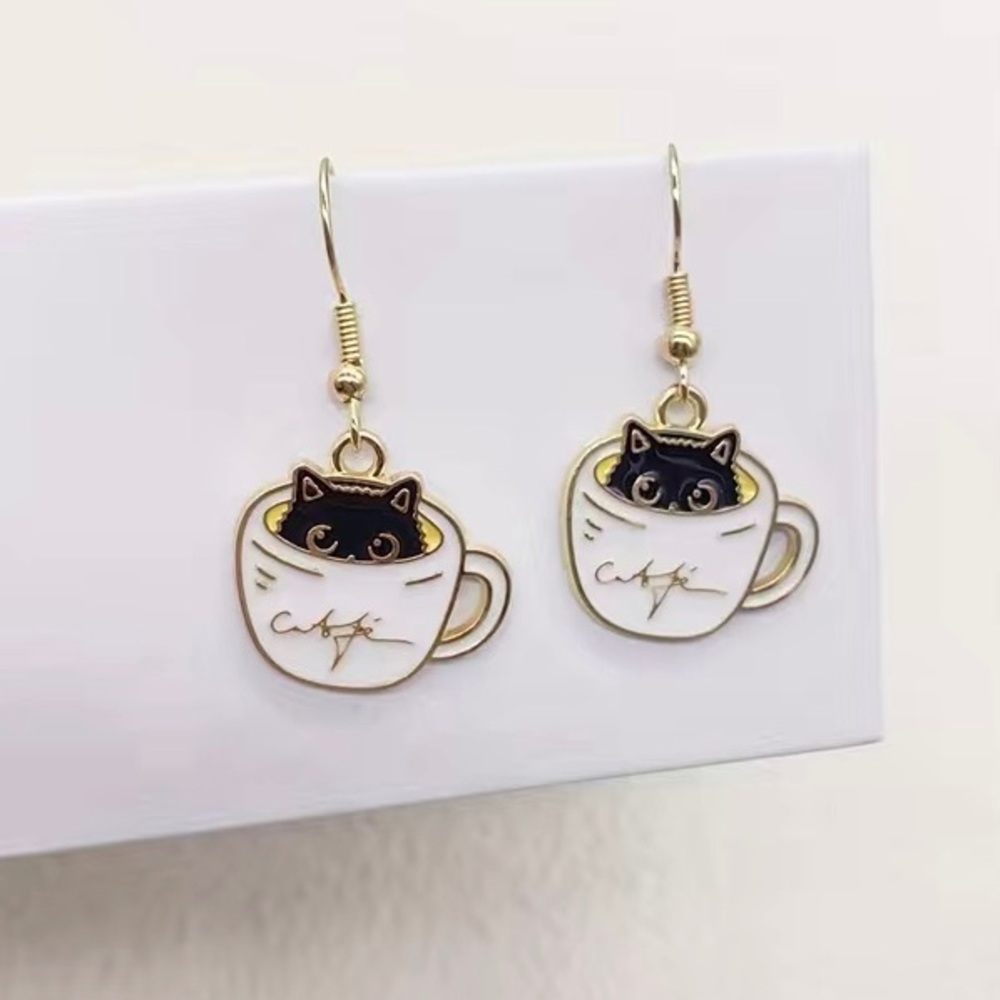 Coffee Cat Lover Cafe Dangling Gold Earrings Limited Edition Kawaii Kitty Gift